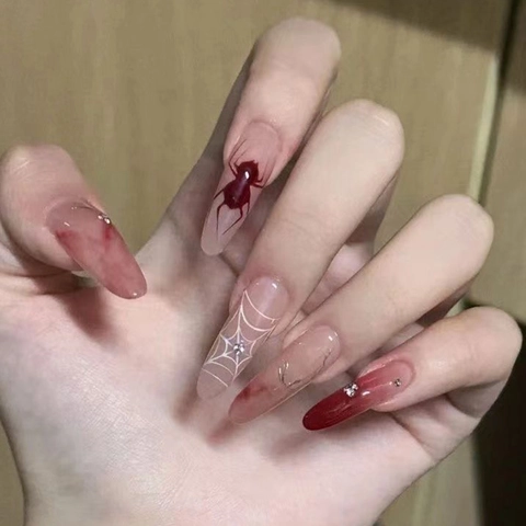 Faux Ongles Gothiques Halloween Long Amande Toile Araignée Rouge Foncé Strass Ongles Artificiels Pour Femmes Manucure