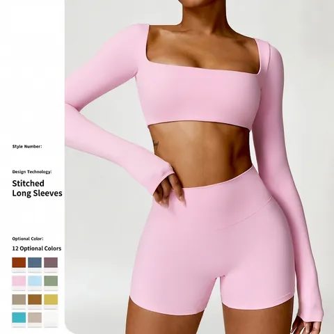Women Yoga Workout Outfit Long Sleeve Square Neck Crop Top And High Waist Scrunch Leggings Brushed Nylon Spandex