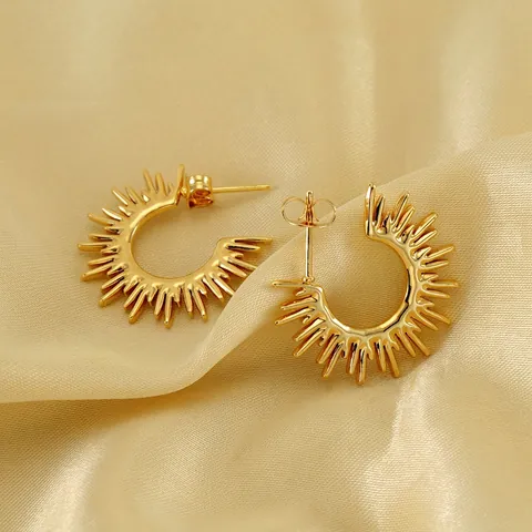 Sunburst Stud Earrings 18K Gold Plated Stainless Steel Radiating Fan Shape Vintage Minimalist Jewelry For Women