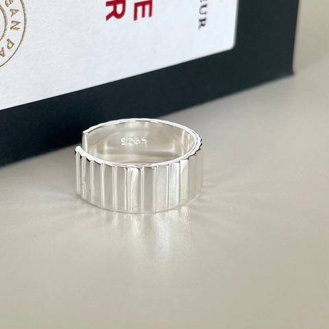 Minimalist 925 Sterling Silver Ring Adjustable Open Band Geometric Vertical Stripe Ladder Texture Jewelry For Women