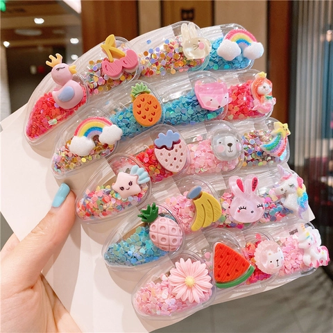 Simpatiche Mollette Per Capelli BB Con Animali Di Frutta Per Bambine PVC Trasparente Resina Lustrini Scintillanti Forcine Kawaii