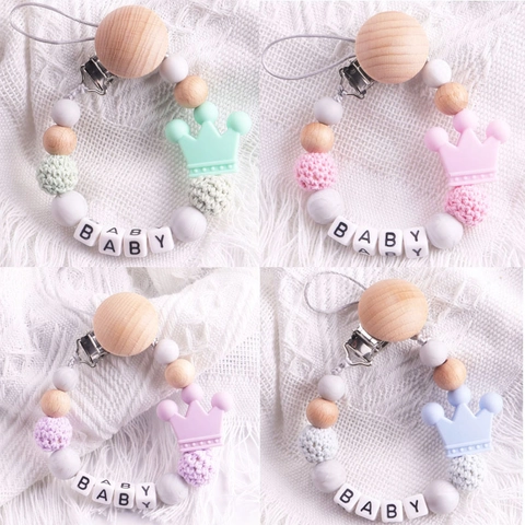 Baby Pacifier Clip Chain Holder Silicone Beads Beech Wood Teether Anti-Drop Leash Crown Shape Soft Infant Accessory