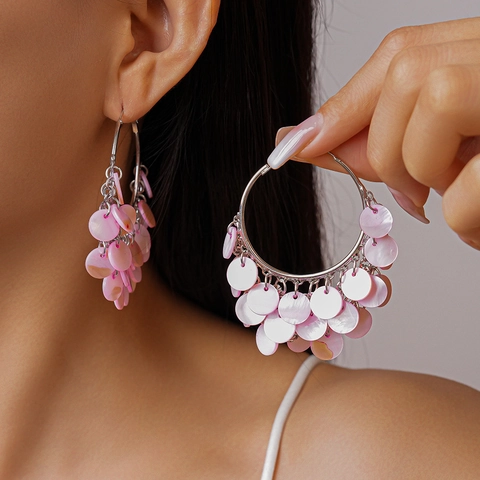Pendientes De Aro Bohemios Con Flecos De Disco De Concha Rosa Y Poste De Plata De Ley 925 Estilo Cobre Para Mujer