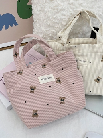 Corduroy Beer Borduurwerk Handtas Hart Patroon Kleine Tote Tas Voor Vrouwen Student Casual Bento Lunchbox Tas
