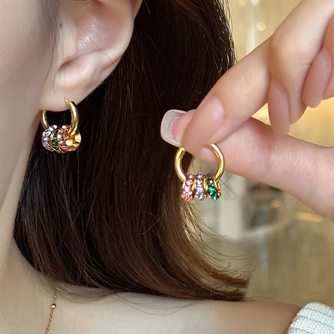 Kleurrijke Zirkoon Hoop Oorbellen Verguld Koper Kleine Ronde Oorbellen Voor Dames Elegante Mode Sieraden