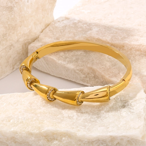 Bamboo Joint Bangle Bracelet 18K Gold Plated Stainless Steel Asymmetric Geometric Inlaid Zircon Jewelry For Women