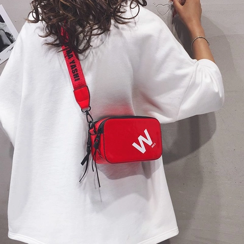 Women Crossbody Bag Patent PU Leather Trendy Camera Square Bag Wide Letter Print Strap Tassel Zipper Streetwear