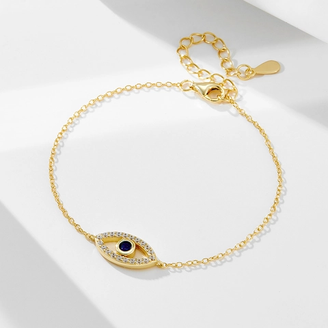 Bracciale Malocchio in Argento Sterling 925 per Donna Placcato Oro Strass Blu Intarsiato Catena Regolabile Gioielli di Moda