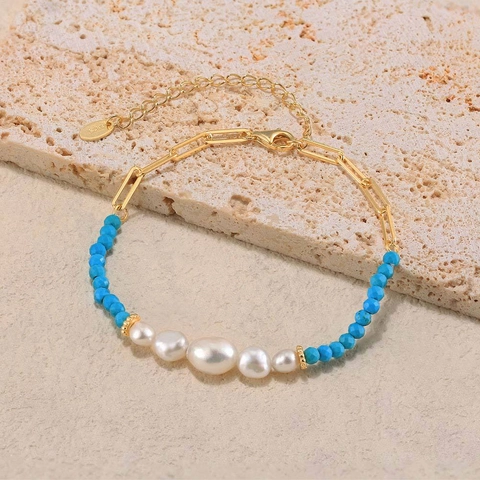 Bracciale a Catena in Argento Sterling 925 Con Perle d'Acqua Dolce e Turchese Per Donna Elegante Placcato Oro Gioielli Regalo
