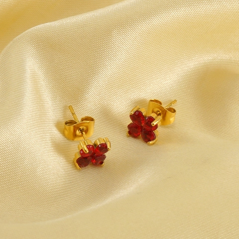 Four Leaf Clover Stud Earrings 18K Gold Plated Stainless Steel Colorful Zircon Fashion High End For Women
