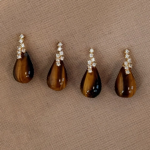 Water Drop Tiger Eye Stone Earrings With Zircon In Gold Plated Copper And Silver Earring Post Fashion Jewelry For Women