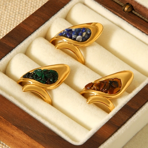 Irregular Natural Stone Ring 18K Gold Plated Stainless Steel Waterproof Bohemian Adjustable Open Finger Ring Jewelry For Women