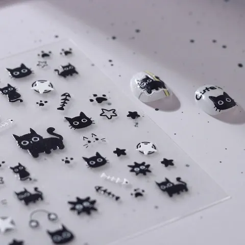 5D Geprägte Nagelkunst Aufkleber Süße Schwarze Katze Muster Fischgräte Stern Buchstabe Japanischer Ins Stil DIY Maniküre Dekoration