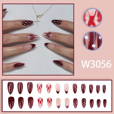 Uñas Postizas A Presión Rojo Vino Forma Almendra French Tip Lunares Lazo Brillantes Para Mujeres