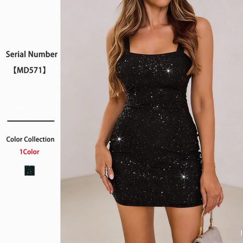 Abito Mini Con Paillettes Nere Spalline Sottili Bodycon Schiena Scoperta Arricciato Sexy Club Per Donna