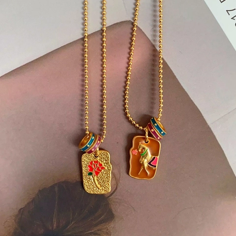 Collier Pendentif Vintage Français Émail Rose Fleur Cheval Laiton Plaqué Or Chaîne à Billes Bijoux Artistiques Pour Femmes