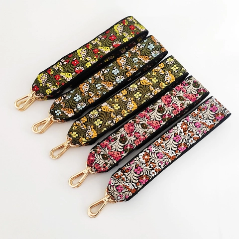 Wide Shoulder Bag Strap Polyester Cotton Flower Embroidery Bohemian Style Vintage Replacement With Metal Hooks
