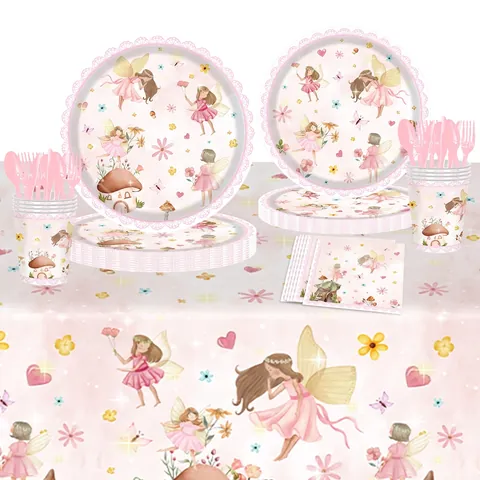Stoviglie Per Feste Compleanno Fata Dei Fiori Rosa Tovaglia Fungo Farfalla Monouso Plastica Carta Per Ragazze Bambine