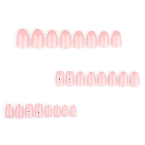 Unghie Finte Artificiali In Stile Francese Con Decorazione Fiocco In Strass Corte Quadrate Rosa Bianco Plastica