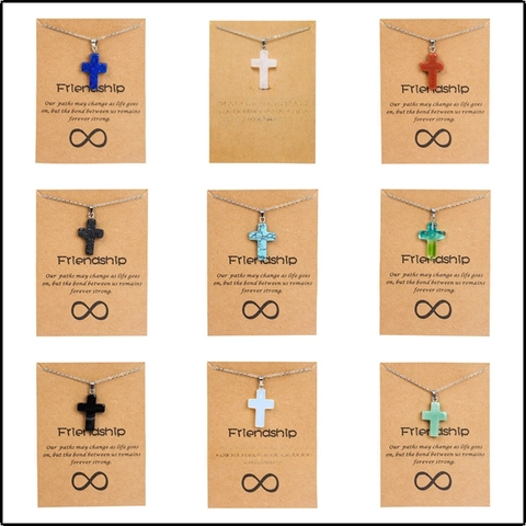 Collar Con Colgante De Cruz De Piedra Natural Cadena De Acero Inoxidable Tarjeta De Amistad Regalo Para Mujeres Y Hombres