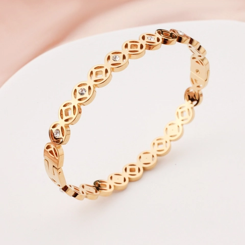 Brazalete De Acero Inoxidable Hueco Con Circón Incrustado Patrón De Moneda Geométrica Joyería Para Mujeres