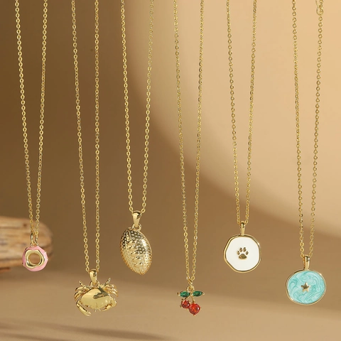 Fashion Copper Zircon Pendant Necklace Enamel Drip Oil Ocean Style Jewelry For Women Crab Cherry Football Star Paw Design