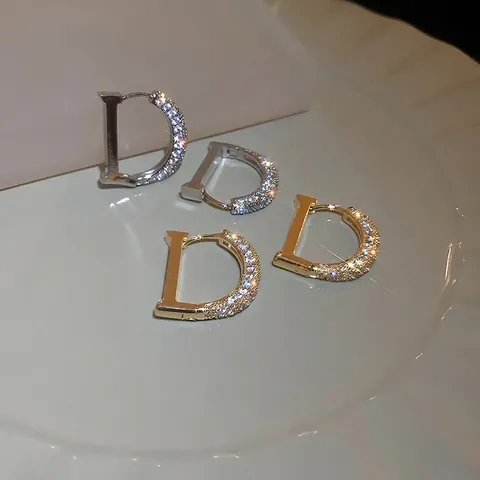 Letter D Hoop Earrings Gold Silver Plated Metal Inlaid Zircon With Silver Earring Post Simple Style Women