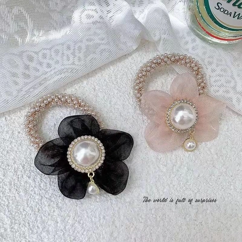 Elegant Flower Scrunchie Organza With Imitation Artificial Pearl Rhinestone Hair Tie Rope For Women Sweet Hair Accessories