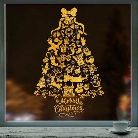 Christmas Window Stickers Golden Glitter PVC Static Cling Xmas Tree Snowman Reindeer Festive Party Glass Door Decals