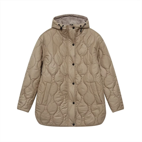 Women Casual Hooded Wave Quilting Puffer Jacket Mid-Length Loose Warm Cotton Blend Coat Black Khaki Outerwear