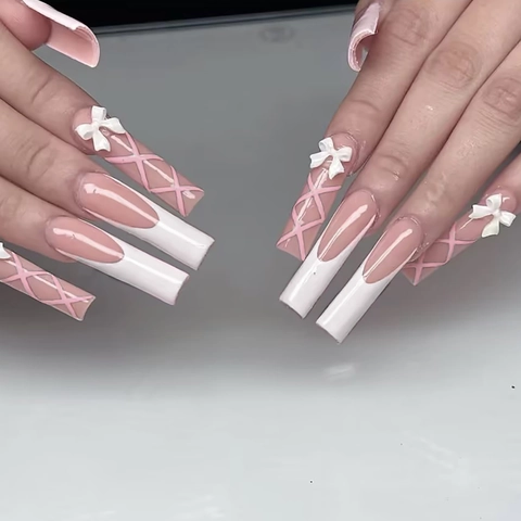 Press On Nails Long Coffin Ballet Shape French Tip 3D Bow Ribbon Sweet Style Artificial Nails For Women