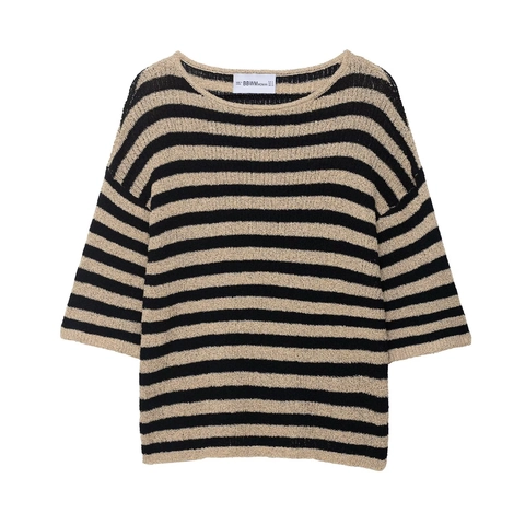 Top De Punto Rayado Para Mujer Cuello Redondo Media Manga Mezcla De Poliéster Y Acrílico Suéter Elegante Casual