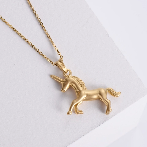 Unicorn Pendant Necklace 304 Stainless Steel 18K Gold Plated Matte Finish Sandblasted Animal Jewelry For Women Girls