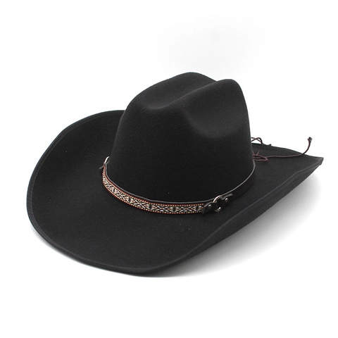 Western Cowboy Hat Wide Brim Wool Felt Jazz Fedora With Ethnic Braided Band Metal Buckle Retro Style For Men Women