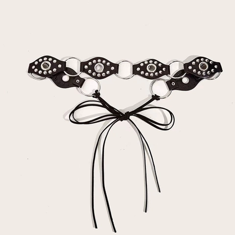 Retro Punk Y2K Dames Metalen O-ring Klinknagel Patchwork Riem Gotisch Kunstleer Veter Tailleband Decoratieve Accessoires