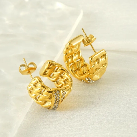 Boucles D'oreilles Créoles En Forme De C En Acier Inoxydable Pour Femmes Plaqué Or 18 Carats Chaîne Torsadée Strass Étincelants