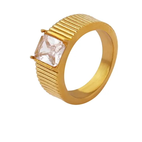 Rectangular Zircon Ring Titanium Steel 18K Gold Plating Ribbed Texture Retro Minimalist Finger Jewelry