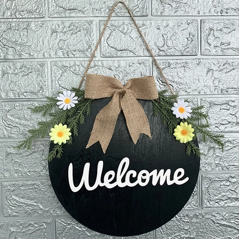 Cartello di Benvenuto Circolare in Legno Rustico per Porta d'Ingresso Targa Blu Scuro con Fiocco e Decorazioni Floreali Artificiali