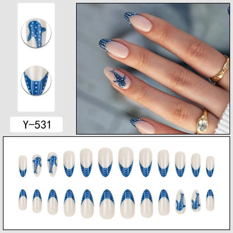 Faux Ongles En Plastique Baleine Bleue Vague De Mer Thème Océan Forme Amande Pointe Française Dégradé Style Plage Été Ongles Artificiels Femmes