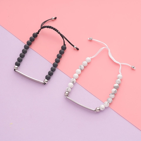 Minimalist Beaded Bracelet With Stainless Steel Bar Matte Agate White Turquoise Adjustable Braided Rope Geometric Jewelry