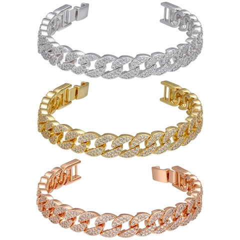 Bracciale a Maglia Cubana con Micro-Pavé di Zirconia per Donna Hip Hop in Rame Placcato Oro Catena Geometrica Gioielli