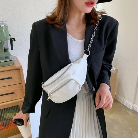 Dames Heuptasje PU Leer Mode Heuptas Met Metalen Ketting Street Style Casual Borsttas Crossbody Tas