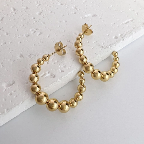 Stainless Steel C-Shaped Hoop Earrings Gold Smooth Gradient Beads Geometric Minimalist Fashion Jewelry For Women