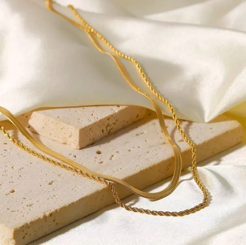 Collana A Strati Acciaio Inossidabile Placcato Oro 18K Catena A Serpente E Catena A Corda Gioielli Geometrici Minimalisti Donna