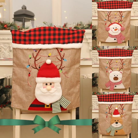 Christmas Chair Back Covers Burlap Buffalo Plaid Santa Snowman Reindeer Applique Decor For Dining Room Kitchen Festive