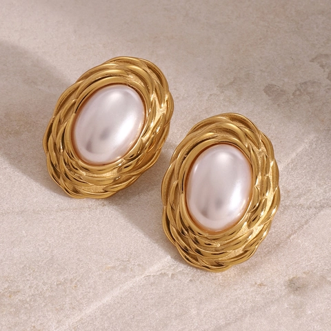 Vintage Oval Künstliche Perle Ohrstecker Edelstahl Geflochtener Rand Titanstahl Ohrpfosten Damen Hypoallergen
