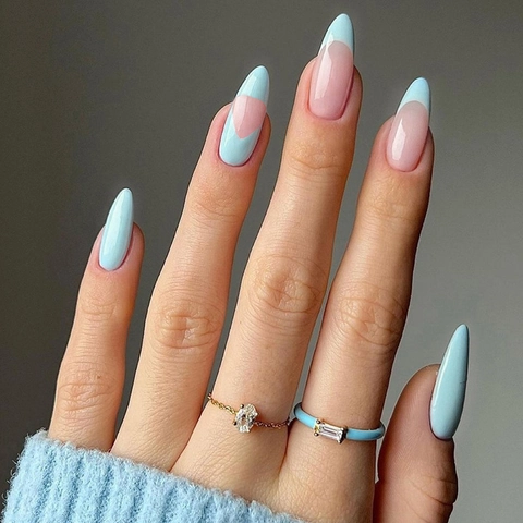 Press On Nagels Amandelvorm Blauw Groen Nude Roze Diagonale Geometrische Splicing Franse Stijl Elegante Kunstnagels