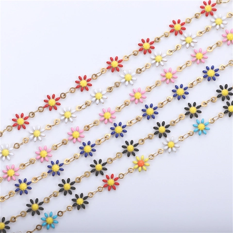 Daisy Flower Link Chain 304 Stainless Steel 18K Gold Plated Enamel Colorful DIY Jewelry Making Accessories
