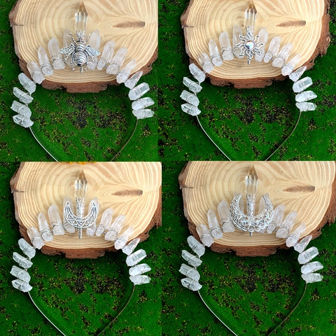 Cerchietto a Corona in Pietra di Cristallo Grezzo Naturale Fatto a Mano Stile Boho Foresta Motivo Luna Ape Sole Donna