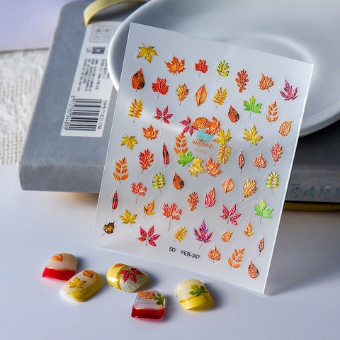 5D Geprägte Nagelaufkleber Herbst Ahornblätter Muster Orange Rot Selbstklebende Stereoskopische Wasserdichte Abziehbilder